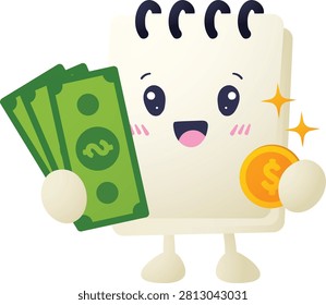 Cute notepad character holds money with joy. Eyes sparkle with happiness and excitement. Green bills and gold coin shine brightly. Perfect for financial success or savings themes