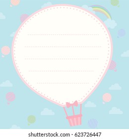 Cute notepad design with hot air balloon shape on background sky for template.