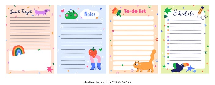 Bonitas páginas de bloc de notas. Fondos de hojas de papel de Vertical, diseños de garabatos divertidos y coloridos con Elementos funky para planificadores, cuadernos, diarios, listas de tareas pendientes, notas de notas. Ilustraciones vectoriales planas