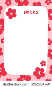 Cute notepad or planner page with red Sakura flowers and pink background. Memo sheet vector illustration