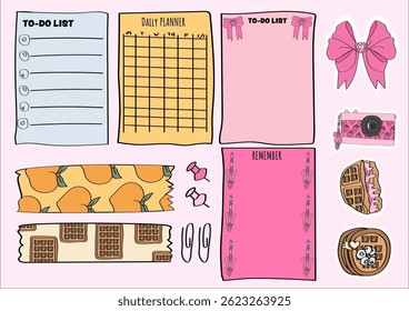 cute notepad, planner stickers, and washi tape set. set of planner elements for journaling and scrapbooking.