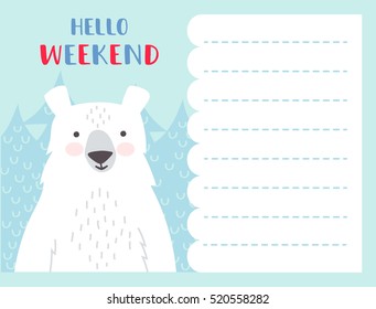 Cute notes card with winter vector illustrations. 
Hello day card.
Holidays winter, Christmas cartoon template design.
Winter poster with a bear.
Note paper with character bear for holiday background.