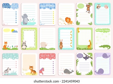 Cute notes collection, vector illustration. Kids daily planner banner set for school education. Organizer for cartoon notes