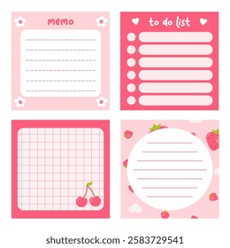 Cute notes daily planner and to do list with strawberry and cherry illustration. Pink journal memo