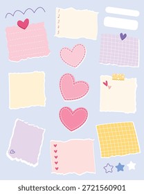 Nette Noten und Papierherzen als Visualisierungstafel angeordnet, Planerelemente für Mädchen. Vektorgrafik für Schule, Haftnotizen und kreative Layouts. Thema Valentinstag.