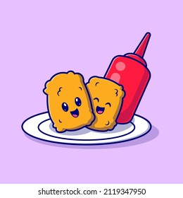 Cute Nuggets Smile With Sauce Cartoon Vector Icon Illustration. Food Object  Icon Concept Isolated Premium Vector. Flat Cartoon Style