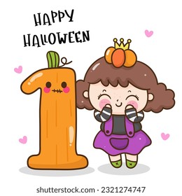 cute number 1 Halloween pumpkin jack o lanterns and witch girl Character cartoon (Kawaii vector). Trick or treat kids. Perfect make a wish for background, card, pattern, nursery wall and shirt design.