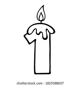 Número de corte 1. La mano dibujó la figura número uno de la vela. Diseño para cumpleaños de bebé, invitación para fiesta de bebés, logo, pegatina, tarjeta de saludo, impresión de camisa. Feliz primer cumpleaños. 1.ª plantilla de celebración de aniversario
