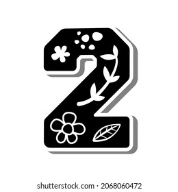 Cute number '2' with doodle flowers, leaves and dots on white silhouette and gray shadow. Lovely letter design for decoration. Vector Illustration about lettering.