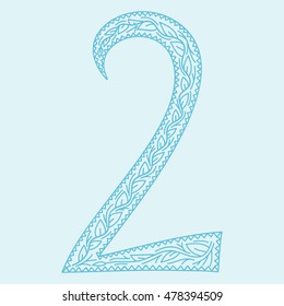 Cute number 2. Floral monogram Two with vintage ornament. Hand drawn symbol. Vector illustration