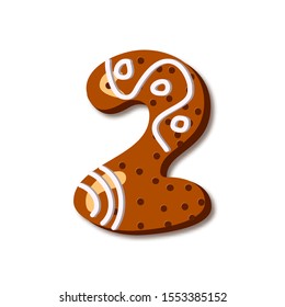 Cute number 2 in form of cookies. Glazed Christmas food gingerbread. Sweet biscuit characters with frosting. Figures decorated icing sugar Isolated on white background. Flat style vector illustration.