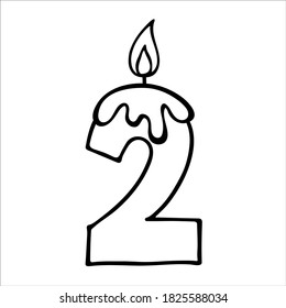 Cute number 2. Hand drawn number two candle figure. Design for baby birthday, baby party invitation, logo, sticker, greeting card, shirt print. Happy first birthday. 2nd anniversary celebration Template