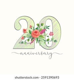 Cute number 20 with roses and mallows bouquet. Happy anniversary graphic congrats. Creative handdrawn style digit 2 and 0 with sketching elements and isolated clipping mask. Set of vintage flowers.