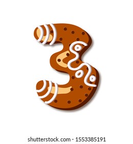Cute number 3 in form of cookies. Glazed Christmas food gingerbread. Sweet biscuit characters with frosting. Figures decorated icing sugar Isolated on white background. Flat style vector illustration.