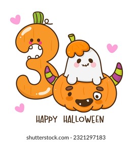 cute number 3 Halloween pumpkin jack o lanterns and ghost Character cartoon (Kawaii vector). Trick or treat kids. Perfect make a wish for background, card, pattern, nursery wall and shirt design.