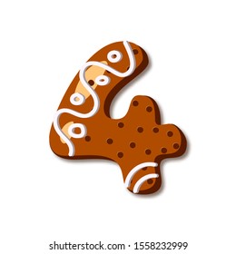 Cute number 4 in form of cookies. Glazed Christmas food gingerbread. Sweet biscuit characters with frosting. Figures decorated icing sugar Isolated on white background. Flat style vector illustration.
