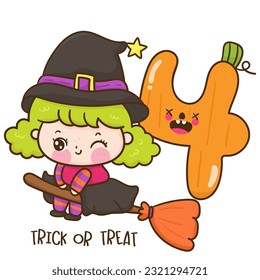 cute number 4 Halloween pumpkin jack o lanterns and witch girl character cartoon (Kawaii vector). Trick or treat kids. Perfect make a wish for background, card, pattern, nursery wall and shirt design.