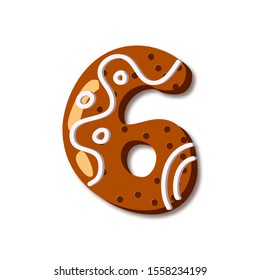Cute number 6 in form of cookies. Glazed Christmas food gingerbread. Sweet biscuit characters with frosting. Figures decorated icing sugar Isolated on white background. Flat style vector illustration.