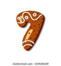 Cute number 7 in form of cookies. Glazed Christmas food gingerbread. Sweet biscuit characters with frosting. Figures decorated icing sugar Isolated on white background. Flat style vector illustration.