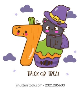 cute number 7 Halloween pumpkin jack o lanterns and cat witch on cupcake Character cartoon (Kawaii vector). Trick or treat kids. Perfect make a wish for background, card, pattern, nursery wall.