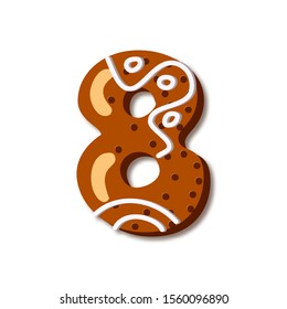 Cute number 8 in form of cookies. Glazed Christmas food gingerbread. Sweet biscuit characters with frosting. Figures decorated icing sugar Isolated on white background. Flat style vector illustration.