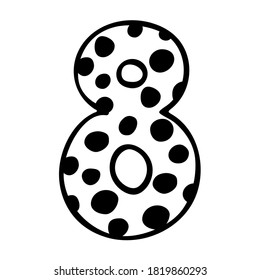 Cute number 8. Hand drown vector eight with polka dot. Design for 8 years kid, kid party decor, logo, sticker, greeting card, shirt print. Happy birthday anniversary celebration Template