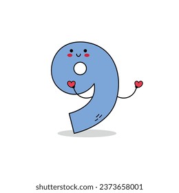 Cute number 9 cartoon character spreading love