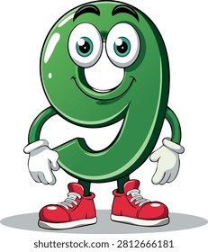 Cute Number 9 Cartoon Character Mascot with Funny Face and Red Shoes