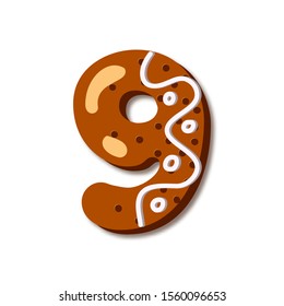 Cute number 9 in form of cookies. Glazed Christmas food gingerbread. Sweet biscuit characters with frosting. Figures decorated icing sugar Isolated on white background. Flat style vector illustration.