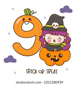 lindo número 9 de Halloween calabaza jack de linternas y caricatura de Carácter de chica bruja (vector Kawaii). Trata o trata a los niños. Perfecto hacer un deseo para el diseño de fondo, tarjeta, patrón, pared infantil y camisa.