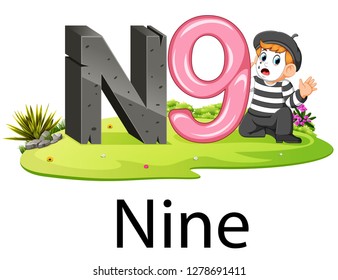 cute number alphabet N for nine with the pantomime