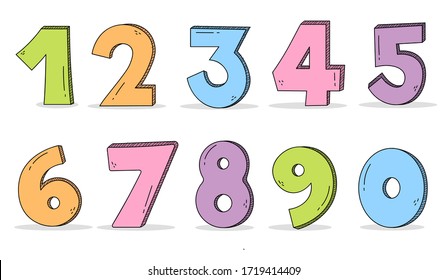 Cute Number Character zero one two three four five six seven eight nine cartoon doodle set