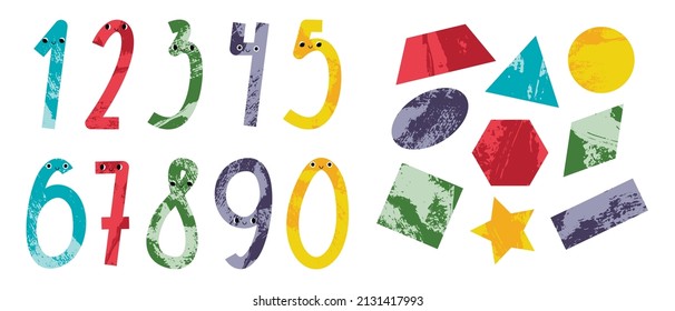 Cute number characters: one, two, three, four, five, six, seven, eight, nine, zero. Geometric figures. Funny mathematics for kids. Math symbol with smiling face. Vector flat cartoon style