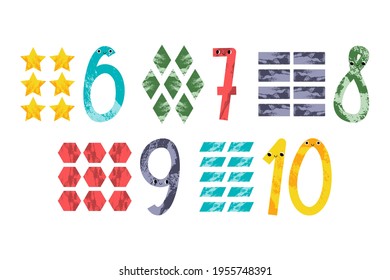 Cute number characters: six, seven, eight, nine, ten. Geometric figures: star, rhombus, rectangle, parallelogram, hexagon. Funny mathematics for kid. Math symbol with smiling face. Vector flat cartoon