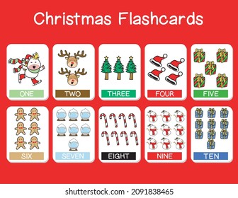 Cute number Christmas Flashcards set. English counting 1 to ten. Christmas Flashcards edition. Educational printable math flashcards. Vector illustration. 