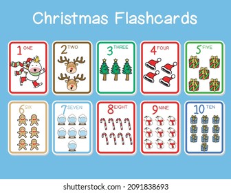 Cute number Christmas Flashcards set. English counting 1 to ten. Christmas Flashcards edition. Educational printable math flashcards. Vector illustration. 