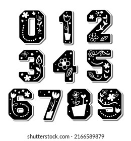 Cute number with doodle flower, leaves, vine and dots on white silhouette and gray shadow. Lovely letter design for decoration. Vector Illustration about lettering.