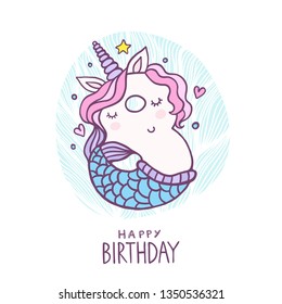 Cute Number Eight Mermaid Unicorn Character Vector Illustration. Beautiful cartoon element for Kids Birthday Party invitation, greeting card and cake topper design.