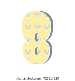 Cute number Eight with scissors. Vector illustration. Element for design. Kids alphabet.