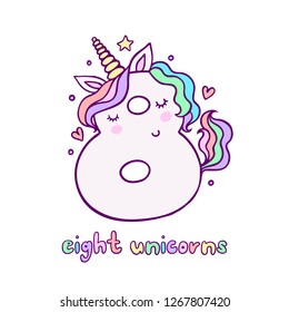 Cute Number Eight Unicorn Character Vector Illustration. Beautiful cartoon element for Kids Birthday Party invitation, greeting card and cake topper design.