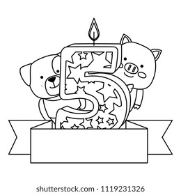 cute number five candle with dog and pig