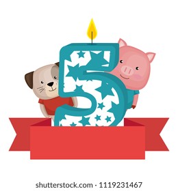 cute number five candle with dog and pig