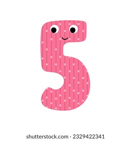 Cute number five character for kids. Leaning numbers for preschool. Doodle number 5 in cartoon style. Vector illustration