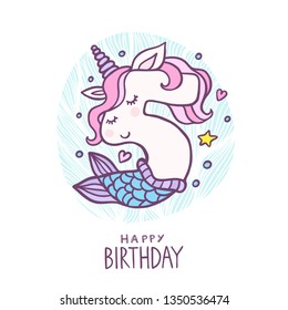 Cute Number Five Mermaid Unicorn Character Vector Illustration. Beautiful cartoon element for Kids Birthday Party invitation, greeting card and cake topper design.