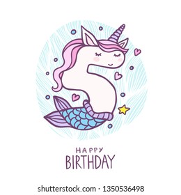 Cute Number Five Mermaid Unicorn Character Vector Illustration. Beautiful cartoon element for Kids Birthday Party invitation, greeting card and cake topper design.