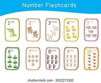 Tarjetas flashcards de número reducido con animales definidos. El inglés cuenta de 1 a 10. Ilustración vectorial.