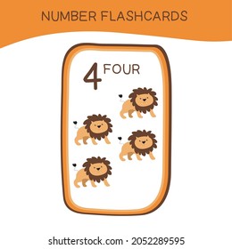 Tarjetas flashcards de número reducido con animales definidos. Ilustración vectorial. 