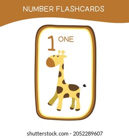Cute number flashcards with animals set. Vector illustration. 