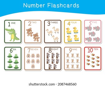 Cute number flashcards with animals set. English counting 1 to ten. Vector illustration.