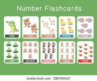 Tarjetas flashcards de número reducido con animales definidos. El inglés cuenta de 1 a 10. Ilustración vectorial.
